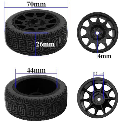 1/10 RC On Road Tires & Nylon Wheel Rims 12mm Hex OD70mm Rubber Tires Compatible with Tamiya TT01 TT02 XV01 HSP HPI Kyosho Traxxas WLtoys 1/10 1/12 On-Road Touring Car (Black) - color: Black