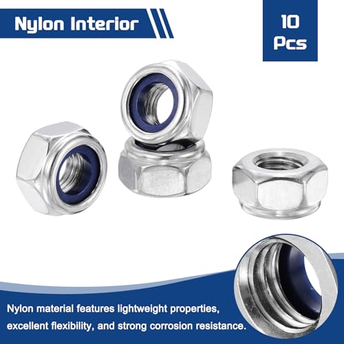 10Pcs Nylon Locking Hex Nuts - [M10-1.25], 304 Stainless Steel Hardware Nuts, Silver, for Automotive, Aerospace, Industrial Applications Use - color: Silver, size: M10x1.25mm