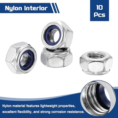 10Pcs Nylon Locking Hex Nuts - [M10-1.25], 304 Stainless Steel Hardware Nuts, Silver, for Automotive, Aerospace, Industrial Applications Use - color: Silver, size: M10x1.25mm