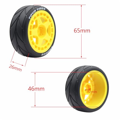65mm 4PCS 1/10 RC On-Road tires and Hard Plastic wheels set Hex 12mm For WRC Drift Car Conversion 1/10 RC On-Road Car Traxxas Tamiya FW06 TT02 HPI HSP 94122 Kyosho W37 (Yellow) - color: Yellow