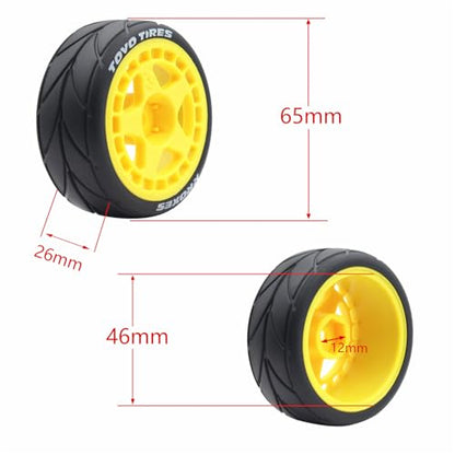65mm 4PCS 1/10 RC On-Road tires and Hard Plastic wheels set Hex 12mm For WRC Drift Car Conversion 1/10 RC On-Road Car Traxxas Tamiya FW06 TT02 HPI HSP 94122 Kyosho W37 (Yellow) - color: Yellow
