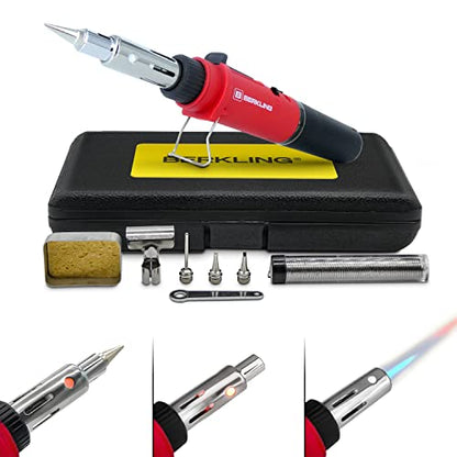 Berkling BSG-568 Cordless Butane Soldering Iron Kit, 5 Tips & Solder Wire | 3-in-1: Soldering Iron, Heat Gun & Torch, Self-Igniting, Adjustable Flame, 90-Min Runtime, Case, Wrench & Sponge Included