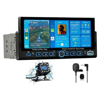 Single Din Radio Car Stereo with Wireless CarPlay & Android Auto | 6.86" IPS Touch Screen, Backup Camera, External Microphone, Bluetooth, SWC, FM, USB, RGB Button Backlighting
