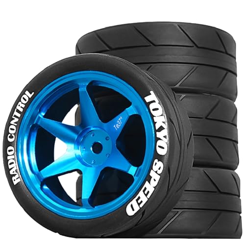 1/10 RC On Road Tires OD 65mm and Aluminum Street Wheels 12mm Hex Touring Tyres for 1:10 Rally Racing Drift Car Tamiya TT01 TT02 XV01 HPI KYOSHO HSP PTG2 Traxxas TA06 A959 PTG2 (Blue) - color: Blue
