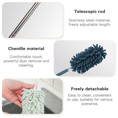 2PCS Car Interior Duster with Extension Pole, Microfiber Retractable Dusters Auto Dash Cleaning Tool, Soft Chenille Hand Washable Dusters for Vehicle Window Office Furniture (Blue) - color: Blue