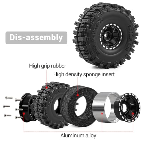1.0" Beadlock Aluminum Wheels and 64mm Soft Rubber Tires | for SCX24, TRX4M, Ascent 18, FCX24, 1/18 1/24 RC Crawler, 7mm Hex, 0mm Offset, with Foam Inserts, (Black) - color: Black