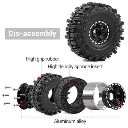 1.0" Beadlock Aluminum Wheels and 64mm Soft Rubber Tires | for SCX24, TRX4M, Ascent 18, FCX24, 1/18 1/24 RC Crawler, 7mm Hex, 0mm Offset, with Foam Inserts, (Black) - color: Black