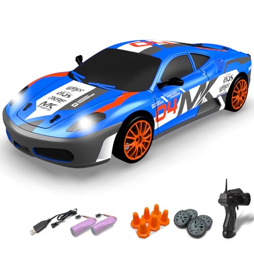 RACENT 1:24 Scale RC Drift Car, 10MPH 4WD Remote Control Car with LED Light, Racing and Drifting Wheels, 2 Rechargeable Batteries, Perfect Toy for Boys, Girls, Kids (Blue) - color: Blue, size: 1:24 Scale