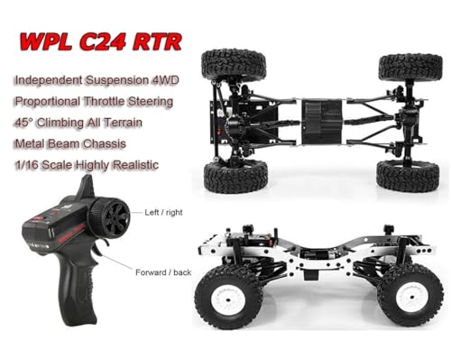 RC Crawler WPL C24 RC Rock Crawler RC Truck 4x4 1/16 Scale All Terrain | Remote Control Pickup Off Road RTR with 2.4 GHz Proportional Throttle Steering LED Light 2 Batteries Hobby Toy Adult