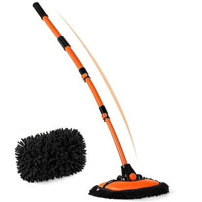 57'' Car Wash Brush with Long Handle Chenille Microfiber Car Wash Kit Mitt Retractable Bent Pole Car Wash Mop for Cars RV Truck Boat (Orange-2) - color: Orange-2
