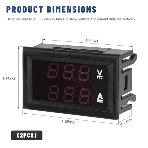 2 PCS 0.28" Digital Voltmeter Ammeter, DC 0-100V 10A Amp Volt Meter Gauge with Connect Wires, Mini Dual LED Display Panel Current Voltage Monitor Tester for EV Cars Boats