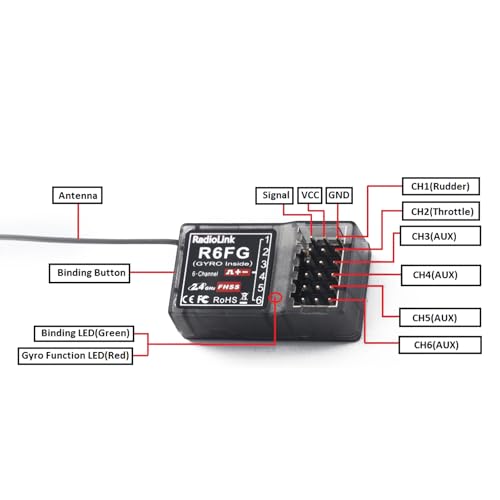 R6FG 2.4Ghz 6CH Gyro RC Receiver for RC6GS RC4GS RC4G Radiolink Transmitter Replacement