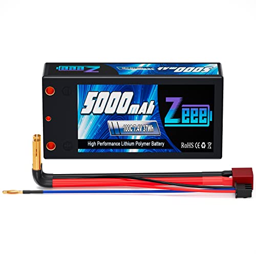 Zeee 2S Shorty Lipo Battery 5000mAh 7.4V 100C Hard Case with 4mm Bullet to T Connector for RC 1/10 Scale Vehicles Car Trucks Boats RC Models