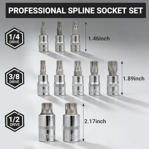 10Pcs Triple Square Spline Bit Socket Set | Premium Alloy Spline Socket Bit Set , Metric Sized S2 Steel Bits, Drive M4-M18 and Cr-V Sockets for Professionals