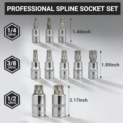 10Pcs Triple Square Spline Bit Socket Set | Premium Alloy Spline Socket Bit Set , Metric Sized S2 Steel Bits, Drive M4-M18 and Cr-V Sockets for Professionals