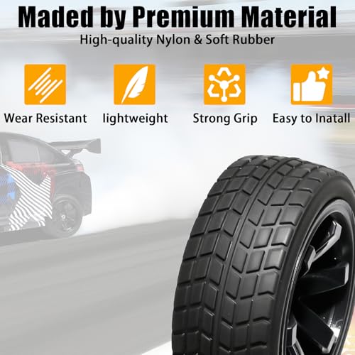 OD 2.65" On Road Rubber Tires Plastic Wheel Rims 12mm Hex for 1/10 RC Car | Compatible with MJX HSP Tamiya HPI Kyosho Traxxas Sakura Redcat WLtoys 1/10 RC On-Road Racing Touring Car (4pcs, Black) - style: C-Black