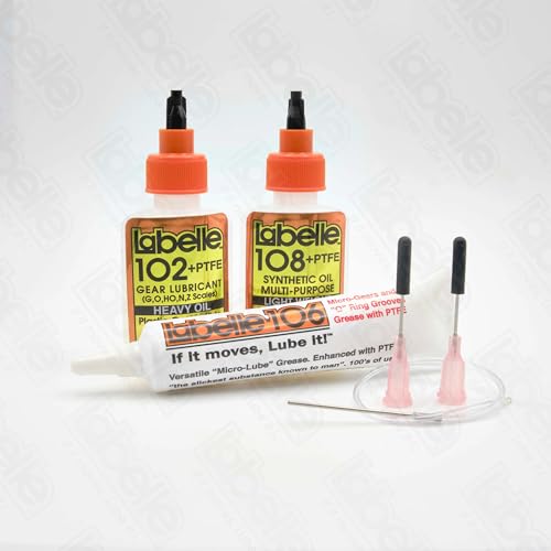 Labelle 1002 PTFE Lubricant 3-Pack – Oil, Grease & Gear Lube for N & Z Scale Trains, Slot Cars, RC Vehicles – Plastic-Safe, Precision Applicators, Made in USA