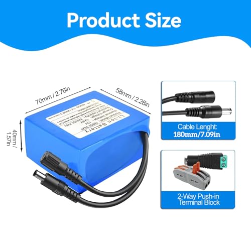 12V 6000mAh Lithium Ion Battery Pack with 2A Fast Charger, DC5521 Output for Security Cameras, CCTV Systems, LED Strips, Routers, Radios, Telescopes, DIY Projects, 6Ah Rechargeable 12-Volt Battery