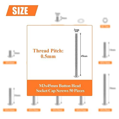 HELIFOUNER 50 Pieces M3 x 45mm, Thread Pitch 0.5mm, 304 Stainless Steel (18-8) Button Head Socket Cap Screws, Fully Threaded - size: M3 x 45mm