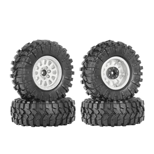 4PCS 1.3" Aluminum Alloy Beadlock Wheel Rims All-Terrain Tyre 70mm Rubber Tires Set with 5mm & 7mm Hex for 1/12 1/14 1/18 1/24 RC Rock Crawler Car Upgrade Parts (C-Silver) - color: C-silver
