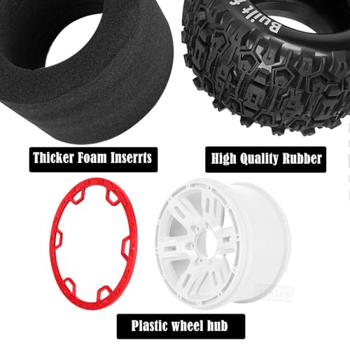 RC Wheels and Tires Set(4PCS) for 1/8 1/10 Monster Truck Tires,Traxx as/Arrm a 6S/Summi t/E Rveo/T-Maxx RC Off-Road etc,17mm Hex Tire and Wheels/Plastic Rims,Red and White - color: Red and White-(wheels Tires)