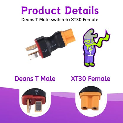 RC Battery Accessory Kit,No Wires Deans T Male (red) Connector Switch to XT30 Female (Yellow) Adapter, for Remote Control Toy Boat FPV Drone Car etc - 1 Pcs with 11.1V USB Charger Cable