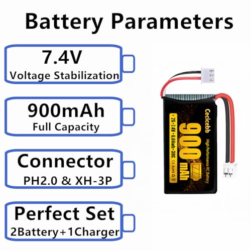SCX24 Battery 7.4V 900mAh Li-Po Battery with PH2.0 Plug for SCX24 RC Car Most 1/10, 1/16, 1/18, 1/24 Scale RC Trucks with Charger Cable