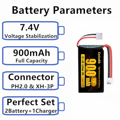 SCX24 Battery 7.4V 900mAh Li-Po Battery with PH2.0 Plug for SCX24 RC Car Most 1/10, 1/16, 1/18, 1/24 Scale RC Trucks with Charger Cable