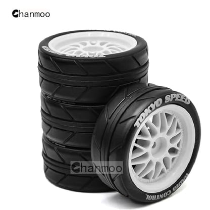 1/10 RC On Road Tires And Plastic Rally Wheels 12mm Hex Drift Tyres For 1:10 Scale Racing Touring Street Car Tamiya TT01 TT02 XV01 TA06 A959 144001 HPI KYOSHO HSP PTG2 Traxxas 4PCS (White) - color: White