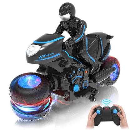 RC Motorcycle, Remote Control Motorcycle with RGB Wheels Lights - 360-degree Rotations, Drifts, High-Speed, RC Car Dirt Bike Toy for Boys 4-7 8-12 Years Kids - color: Blue