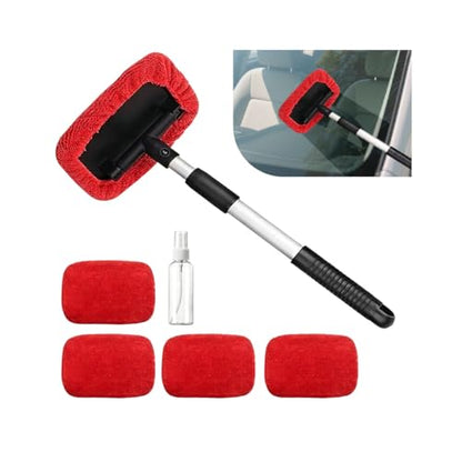Car Windshield Cleaner Tool, Extendable Handle Pentagonal Vehicle Window Cleaning Kit with 4 Reusable Microfiber Pads & Spray Bottle, Auto Windscreen Detailing Cleaner, Universal Fit (Red) - size: Red