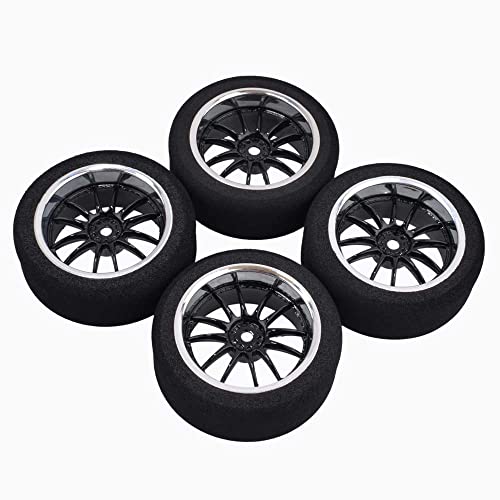4Pcs 1/10 On-Road Foam Tires& 6012 Wheel Rims 12mm Hex for HSP HPI RC Racing Car Toy, Black