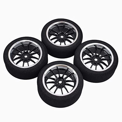 4Pcs 1/10 On-Road Foam Tires& 6012 Wheel Rims 12mm Hex for HSP HPI RC Racing Car Toy, Black