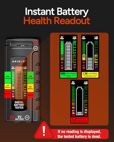 AKIELO+ Digital Battery Tester – Easy Read LCD Display – No Battery Required – Universal Household Battery Checker for Size AA AAA C D 9V 1.5 Cell (Batteries Not Included) - size: 1 Pack