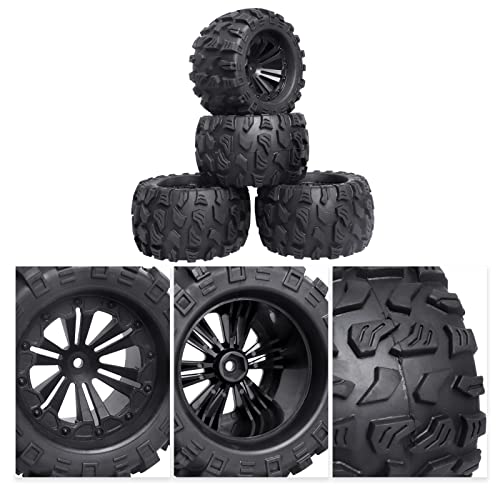 2.8'' Tires and Wheels 12mm Hex Pre-Glued 1/10 Monster Truck Tyres Sets for Traxxas Rustler Stampede Redcat Volcano Blackout MT Off-Road Cars Models 2S-4S Brushless Power, Set of 4