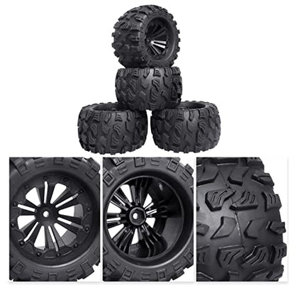 2.8'' Tires and Wheels 12mm Hex Pre-Glued 1/10 Monster Truck Tyres Sets for Traxxas Rustler Stampede Redcat Volcano Blackout MT Off-Road Cars Models 2S-4S Brushless Power, Set of 4