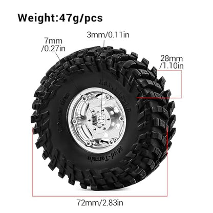 1.3" Pre-Assembled Beadlock Wheels and Tires 72mm (2.83in) for SCX24 TRX4M 1/18 1/24 RC Crawlers – Aluminum Rims, Rubber Tires with Foam Inserts, Easy-Install Upgrade Parts (Silver) - color: Silver 312