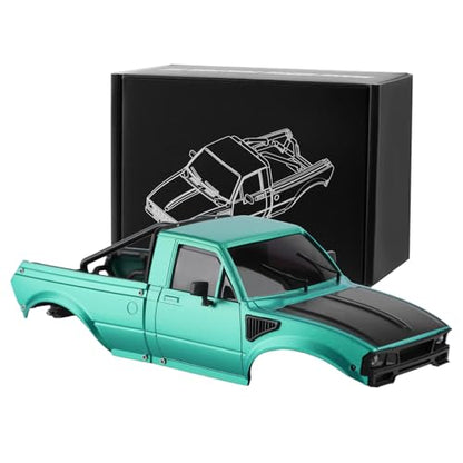 Hard Pickup Body Shell with Bed Rack for 1/24 SCX24 RC Crawler | With dual interchangeable grilles, magnetic flip-up design easy maintenance - color: Greenish Black