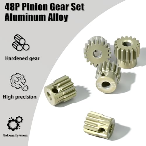5Pcs 48P Aluminum Alloy Pinion Gear Set 3.175mm 13T 14T 15T 16T 17T Motor Pinion Gear W/ M4 Screw and Hex Key, Fit 3.175mm (1/8-Inch) Shaft, for Arrma HPI Kyosho Losi Axial Traxxas Tamiya 1/10 RC Car - size: 48P-P-3.175mm-13-17T