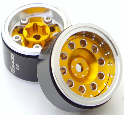 RC 1.0 Beadlock Wheels Offsets -2 Aluminum Rims for AX24 1/18 TRX4M All 1/24 Scale SCX24 Deadbolt RC Crawler Car Wheels Upgrades 4Pc (Golden & Silver) - color: Golden & Silver