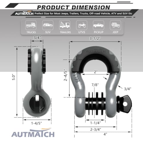 AUTMATCH 3/4" D Ring Shackles (2-Pack) - 41,887 lbs Break Strength | Heavy Duty Clevis Shackle with 7/8" Pin & Isolator Washer Kit for Tow Strap, Winch, Towing & Off-Road Vehicle Recovery, Gray - color: Gray & Black