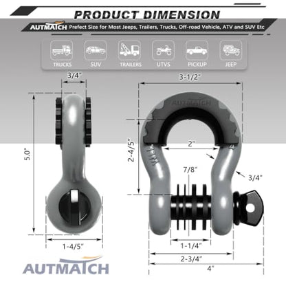 AUTMATCH 3/4" D Ring Shackles (2-Pack) - 41,887 lbs Break Strength | Heavy Duty Clevis Shackle with 7/8" Pin & Isolator Washer Kit for Tow Strap, Winch, Towing & Off-Road Vehicle Recovery, Gray - color: Gray & Black