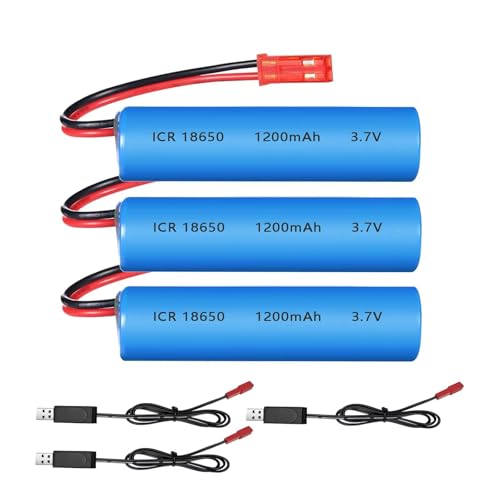 3Pack 3.7V 1200mAh Rechargeable 18650 Lithium Ion Battery Pack Li-ion Cell JST-2P Plug with USB Charger for Remote Control Cars DIY Replacement