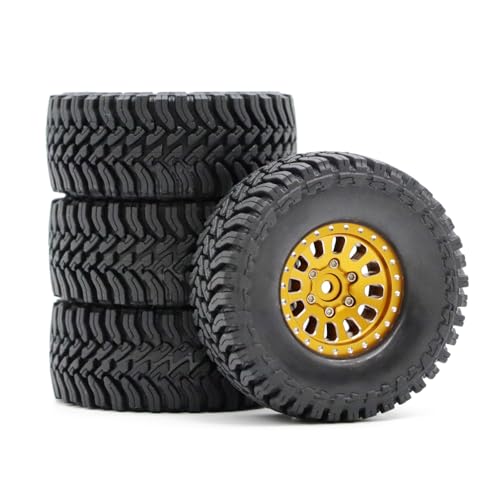 1.3” Brass Beadlock Wheels & All-Terrain Tires Set for 1/18 1/24 RC Crawler TRX4M, Axial SCX24 / AX24, Redcat Ascent-18, FMS FCX24, -5.40mm Offset, 7mm Hex, 4 pcs, Gold - color: Gold