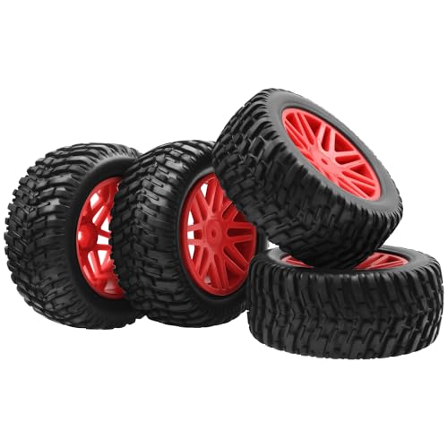 OD 96mm RC Off Road Short Course Truck Tire w/Plastic Rim 12mm Hex Compatible with 1/10 Scale Buggy Car HSP 94170 94155 Wltoys 1/14 144001 124019 RC Car (Red) - color: Red