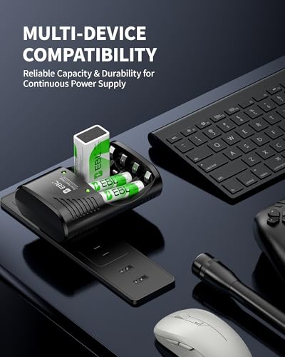 EBL Rechargeable AAA Batteries 4 Packs, Battery Charger with Foldable AC Power Plug for AA AAA 9V Ni-MH Ni-CD Rechargeable Batteries - size: Charger+4AAA