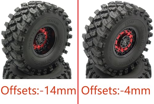 Heavy Duty RC Crawler 2.2 Beadlock Wheels Adjustable 2 Offsets and Tires 136mm Tall Soft Sticky Mud Slingers Tyres Rims Hex 12mm for 1/10 SCX10 TRX4 Axial Remote Control Car (Red Black) - color: Red Black