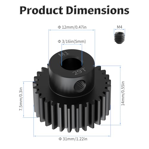 Pinion Motor Gear, M1 29T, 3/16 in (5mm) Shaft Hole | M1 Pitch 29 Teeth, 1045 Hardened Carbon Steel, 3/16 Inch Shaft Hole, RC Motor Pinion Upgrade, for 1/10 RC Brushless Crawler - size: M1 29T
