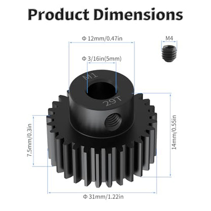 Pinion Motor Gear, M1 29T, 3/16 in (5mm) Shaft Hole | M1 Pitch 29 Teeth, 1045 Hardened Carbon Steel, 3/16 Inch Shaft Hole, RC Motor Pinion Upgrade, for 1/10 RC Brushless Crawler - size: M1 29T