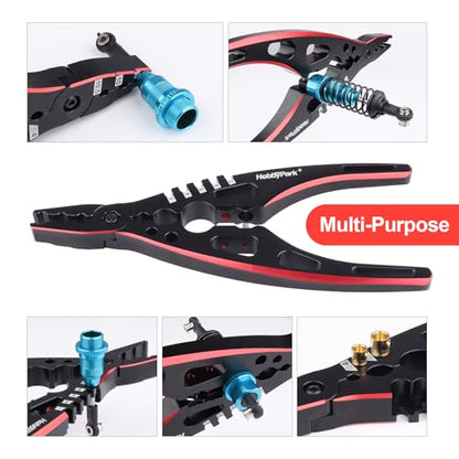 HobbyPark Multi-Function RC Shock Pliers Tool RC Shock Shaft & Tie Rod Clamp, Ball Link Remover for 1/8 1/10 RC Car Truck Crawler Buggy Drift (Black & Red) - color: Black & Red